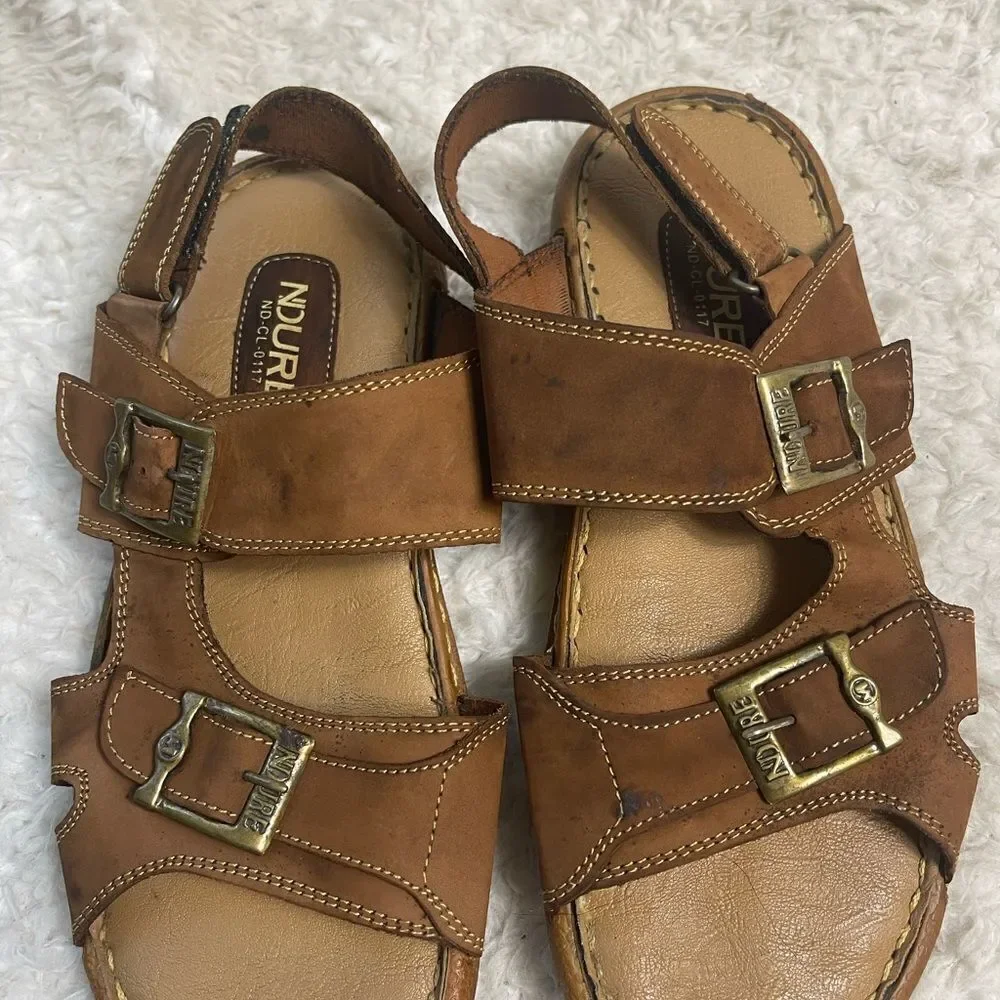 NDURE Men leather Brown Straps sandals with antique tone side buckles Size 8